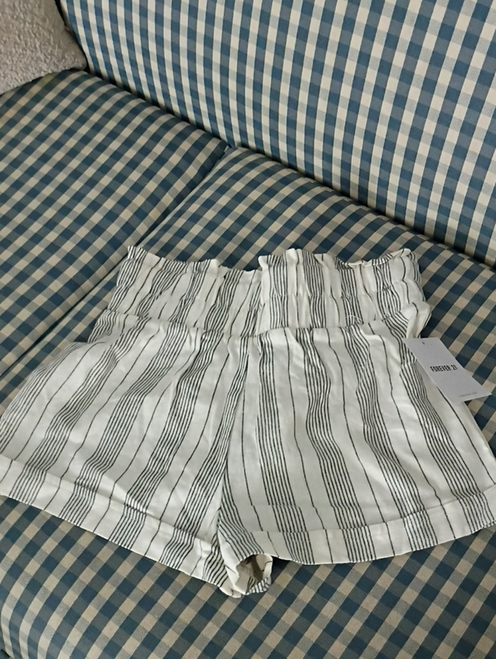 Forever 21 White High-Waist Paperbag Shorts with Black Stripes